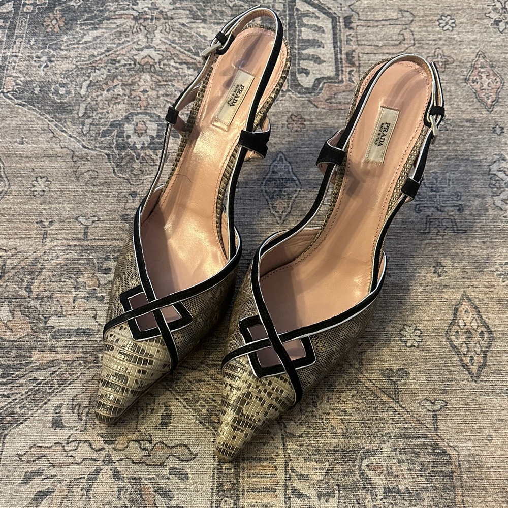 Vintage Prada Snakeskin and Black Pointed Slingback Heels